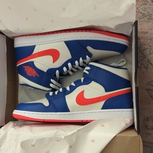 Air Jordan 1 Mid, blue and orange, still in original box